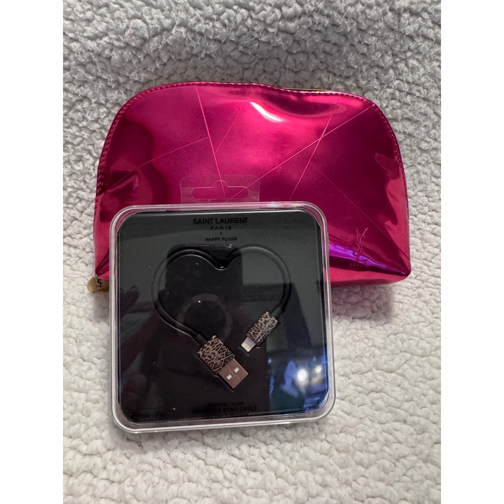 Saint Laurent x Happy Plugs Leopard Lightning Cable & Pink YSL Beauté Pouch Set